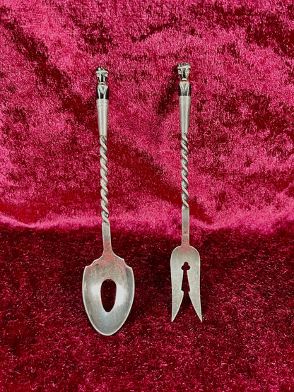Vintage Silver Plate Cocktail Spoon and Fork Set – Twisted Handles with Tiki Totem Finials