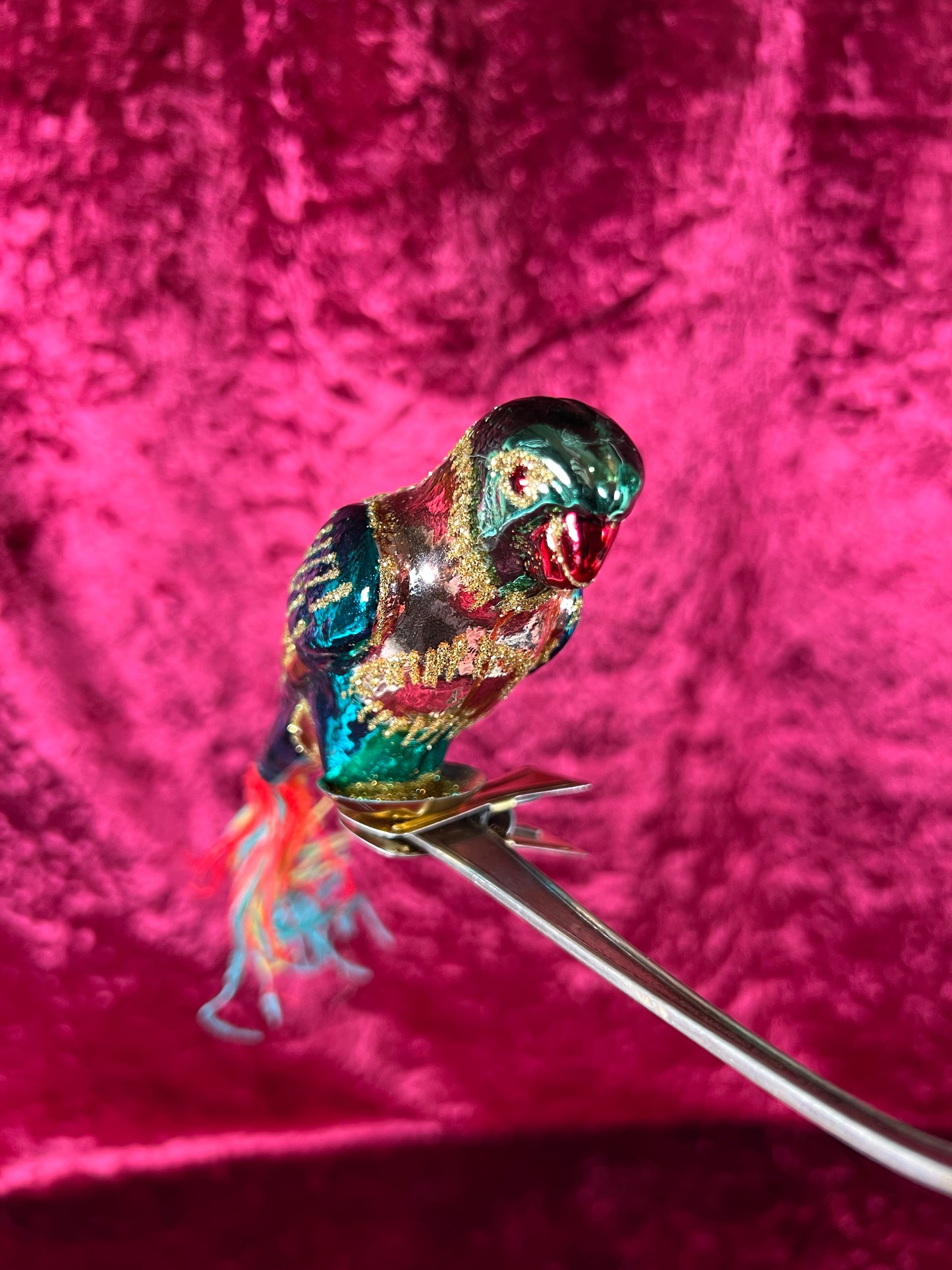 Vintage Christmas - Glass Clip-On Ornament - Teal Blue Parrot with Feather Tail