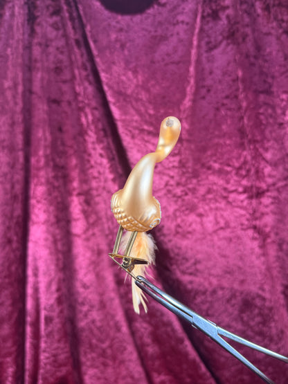 Vintage Christmas - Handblown Glass Clip On Ornament - Gold Swan with Feather Tail