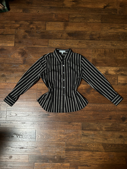 Vintage Foxcroft Fitted Blouse - Black Grey Striped Pleated Waist - Size Large