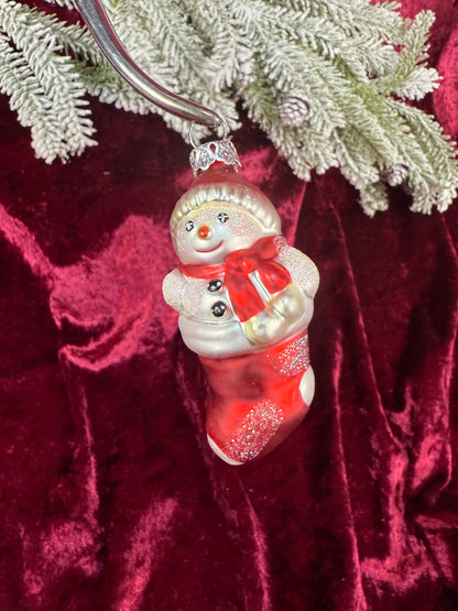 Vintage Christmas - Handblown Glass Ornament - Snowman In A Stocking - Department 56