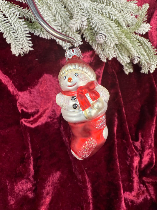 Vintage Christmas - Handblown Glass Ornament - Snowman In A Stocking - Department 56