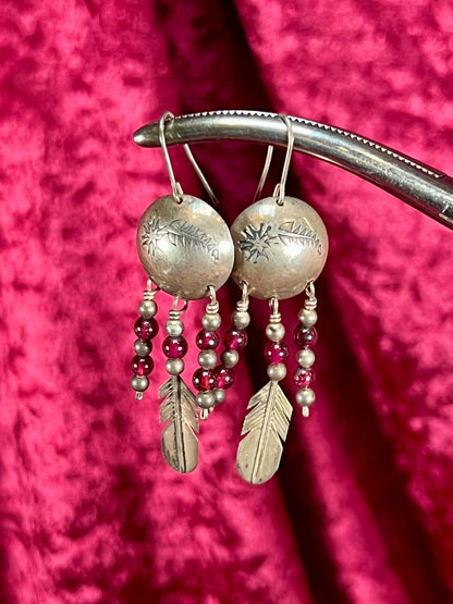 Vintage Jewelry - Dangle / Drop Earrings - Sterling Silver - Conchos with Red Beads and Feathers