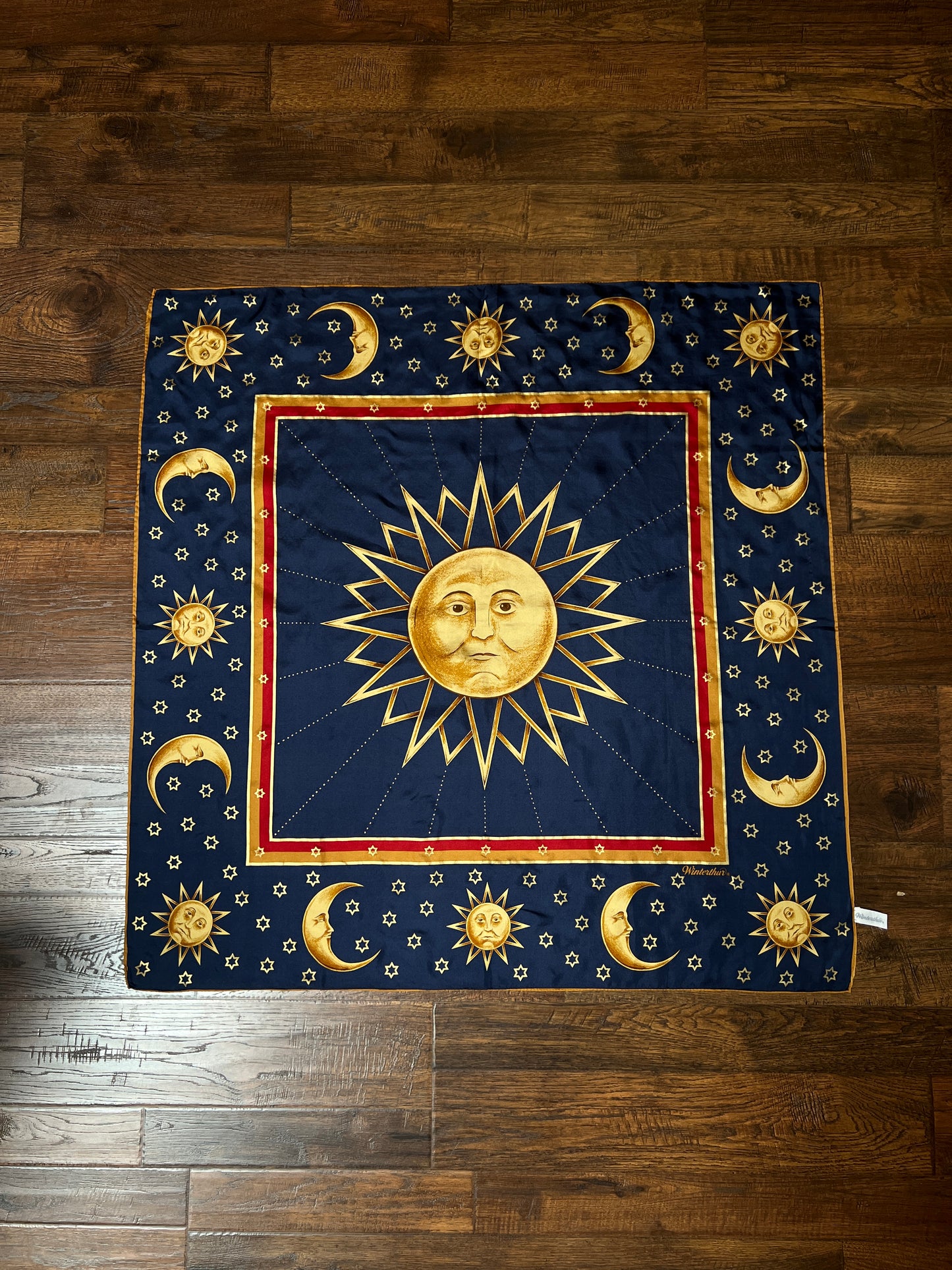 Vintage Winterthur 100% Silk Scarf - Celestial Sun Moon Whimsigoth Print