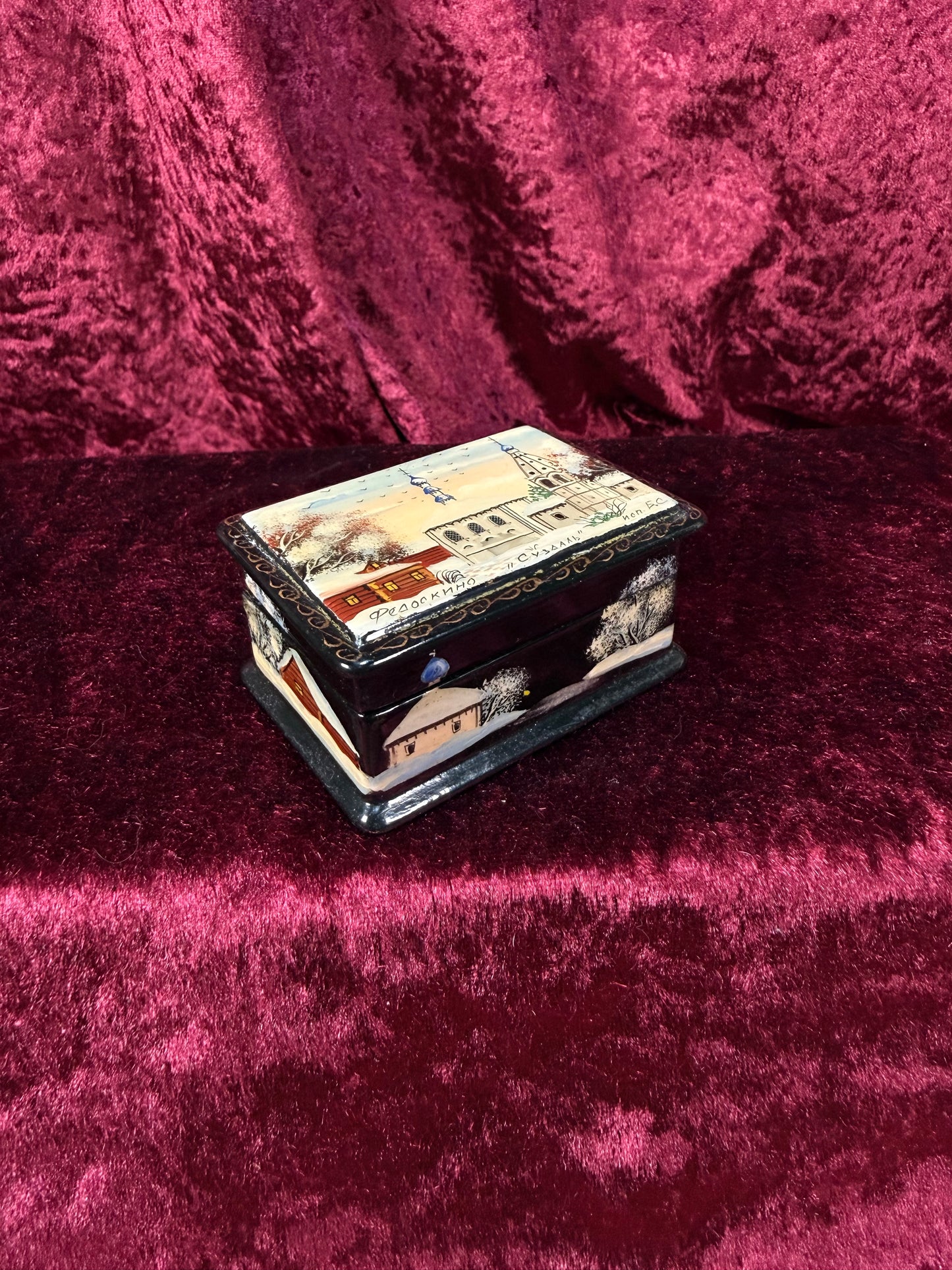 Vintage Lacquer Trinket Box with Hinged Lid – Hand Painted Snowy Russian Church Scene