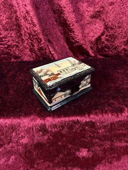 Vintage Lacquer Trinket Box with Hinged Lid – Hand Painted Snowy Russian Church Scene