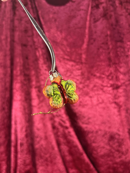 Vintage Christmas - Handblown Glass Ornament - Green and Red Butterfly - 1.75"
