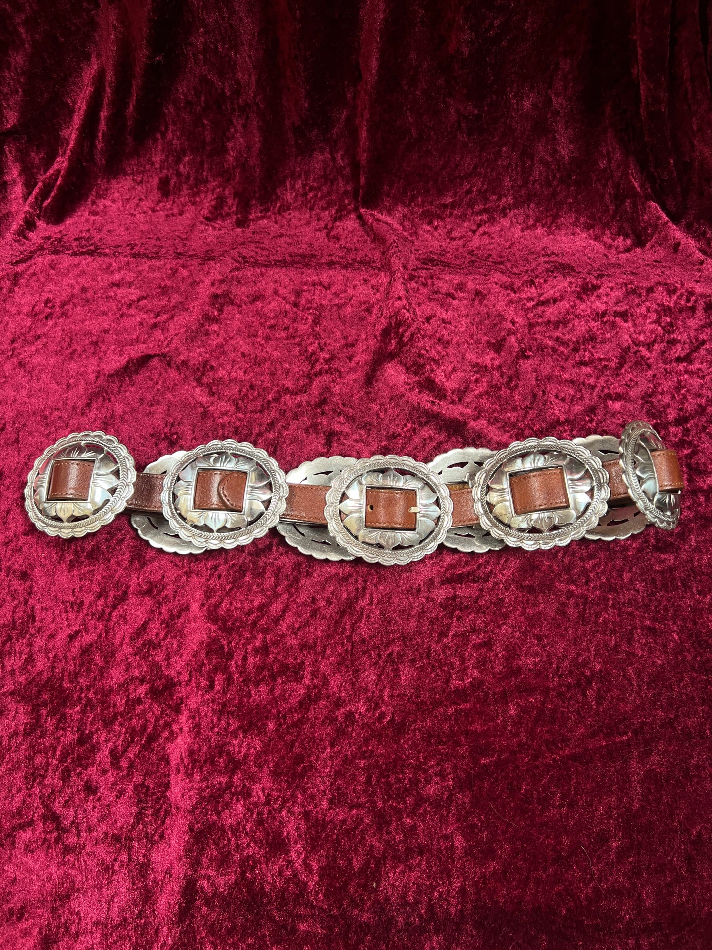 Vintage Brighton Leather Concho Belt - Silver Sunflower Western Belt USA Made - 29.5-33.5"