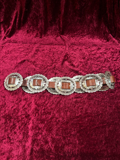 Vintage Brighton Leather Concho Belt - Silver Sunflower Western Belt USA Made - 29.5-33.5"