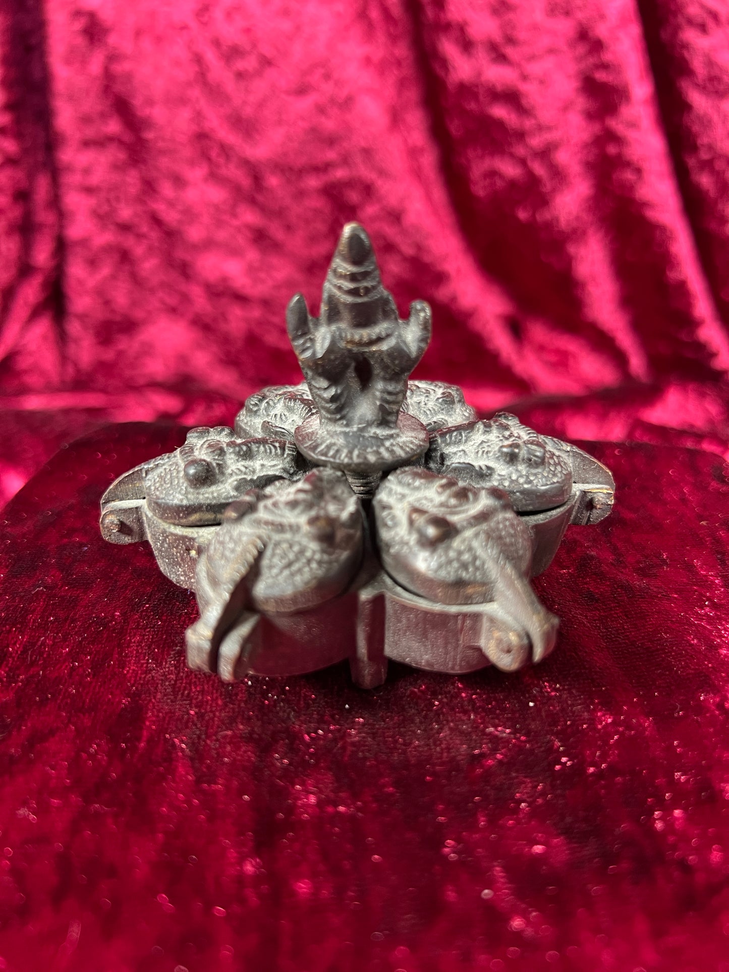 Vintage Oddities - Locking Brass Sindoor Box - Six Compartments - Ganesha