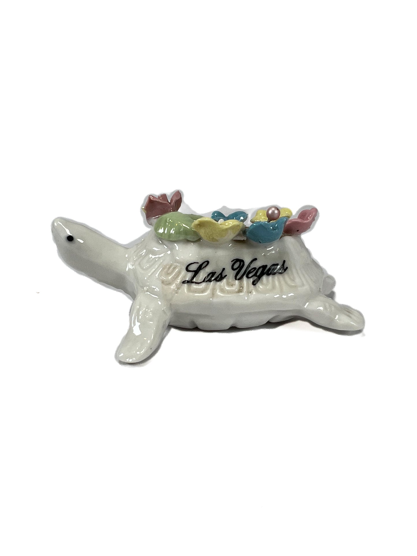 Vintage White Turtle Porcelain Pin Cushion - Blue Yellow Pink Flowers