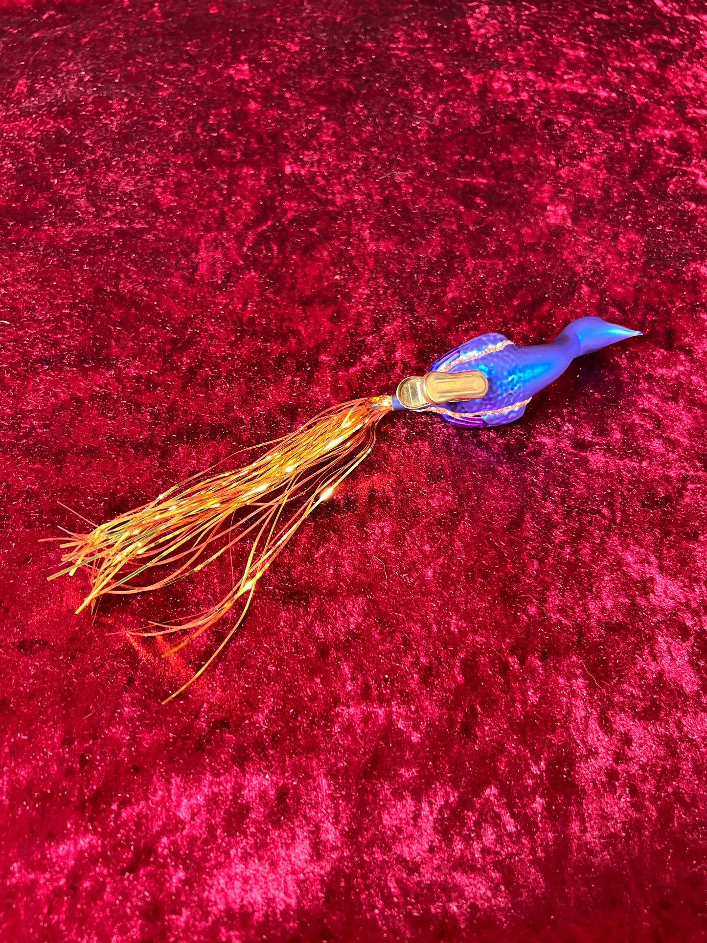 Vintage Christmas - Glass Clip-On Ornament - Royal Blue Crane with Tinsel Tail