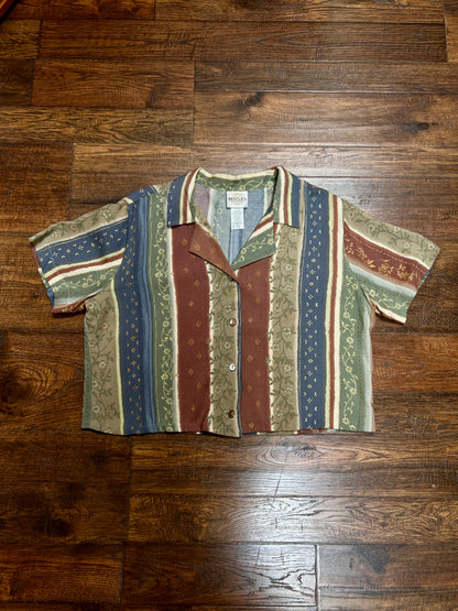 Vintage Bentley Cropped Button Up Shirt - Striped Floral Camp Shirt - Large