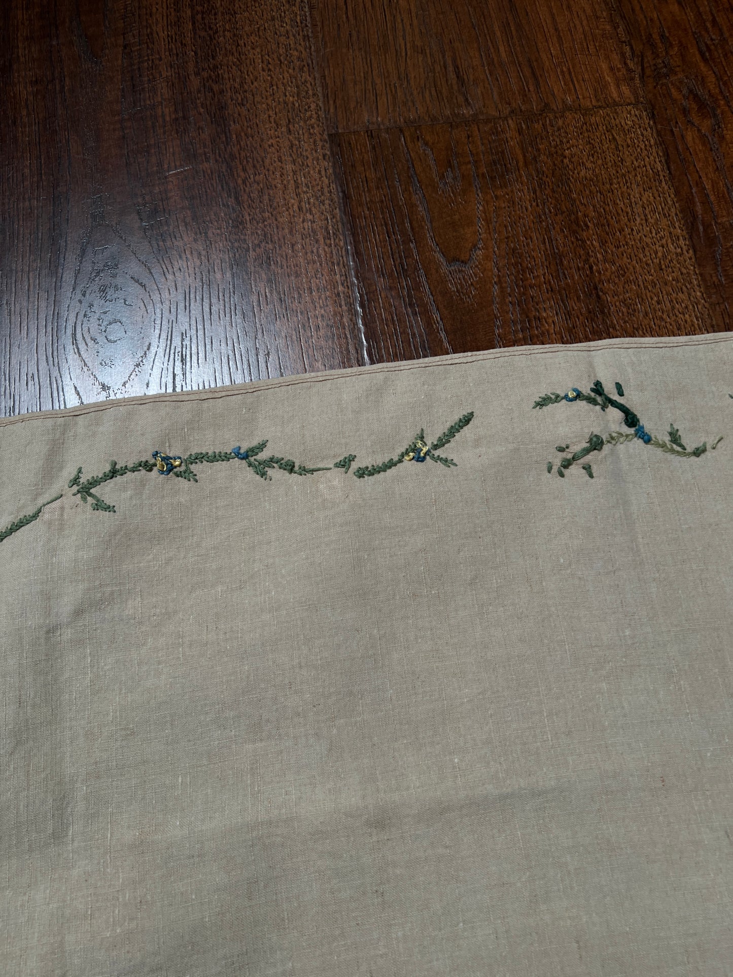 Vintage Rectangular Linen Table Runner - Hand Embroidered Puffy Pink Rosebud Vine