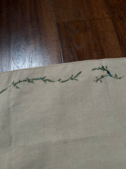 Vintage Rectangular Linen Table Runner - Hand Embroidered Puffy Pink Rosebud Vine