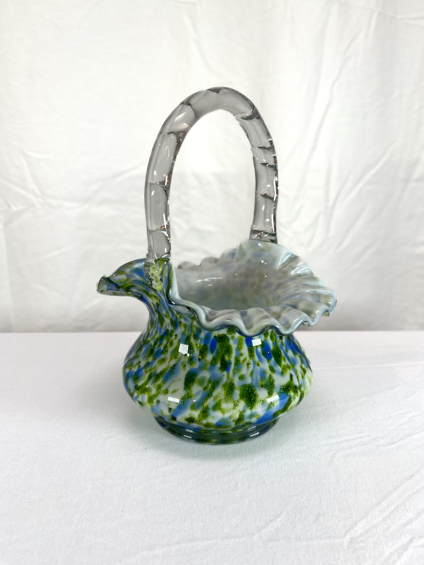 Vintage Art Glass - Ruffled Basket - Murrhina Aventurine - Green and Blue - Fenton - 1960s