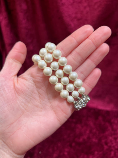 Vintage Jewelry - 3-Strand Bracelet - Faux Pearls with Rhinestone Clasp - 7.5"