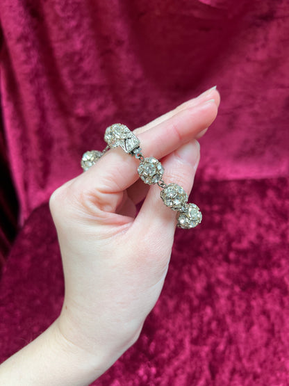 Vintage Jewelry - Silver Tone Ball Link Bracelet - Clear Round Cut Rhinestones - 7.5"
