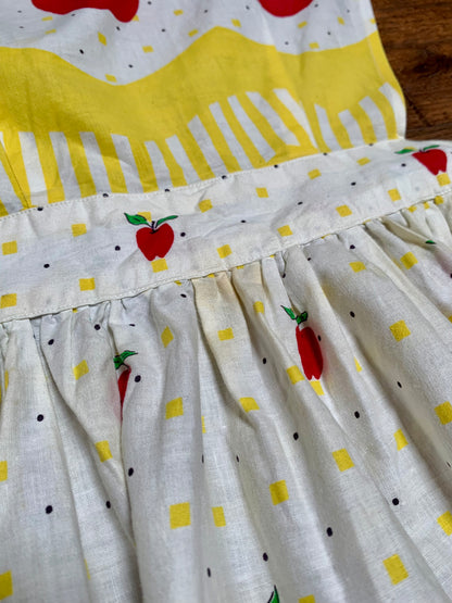 Vintage Pinafore Apron - White with Black Polka Dots Red Apples & Yellow Checkers