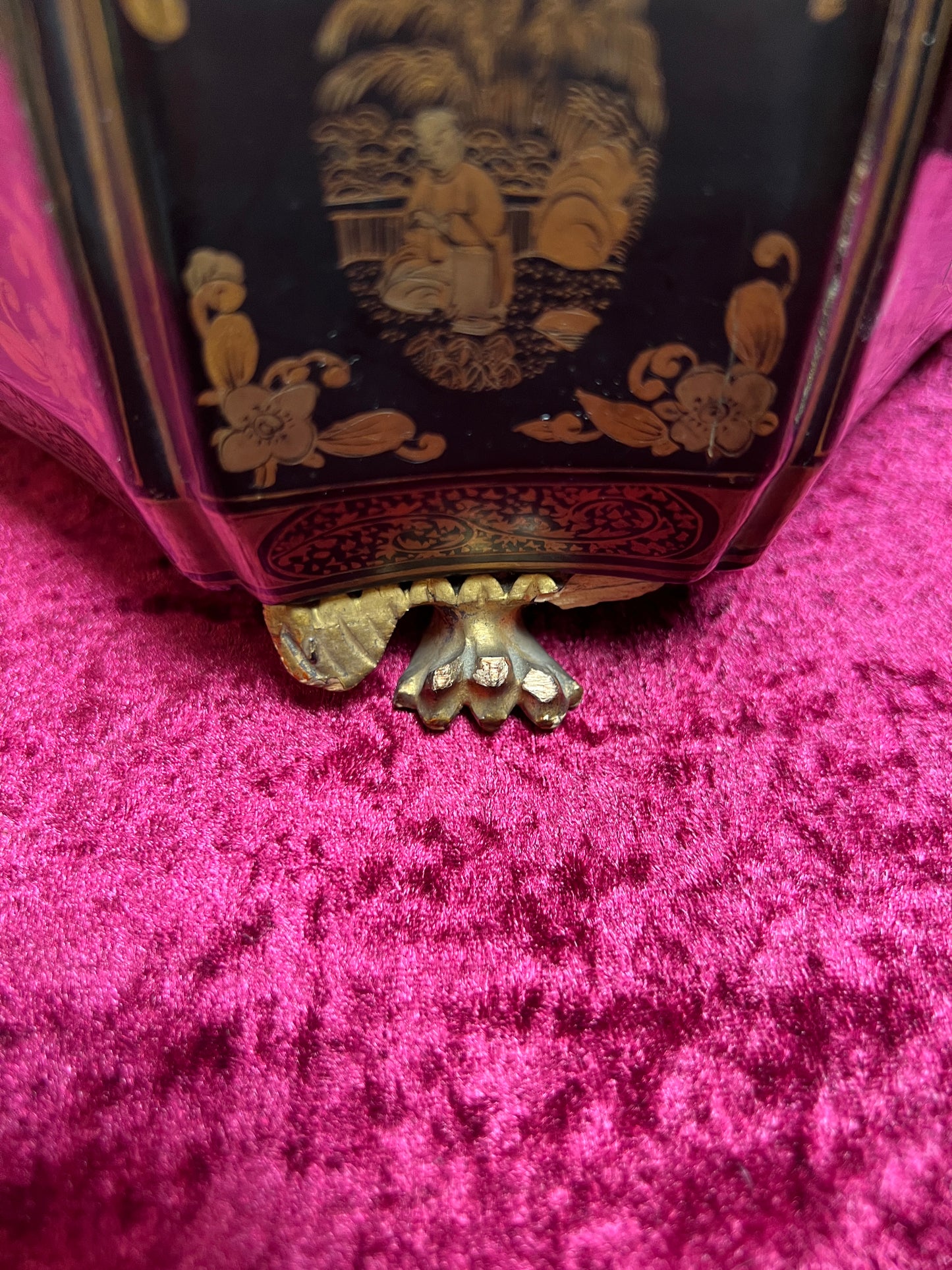 Antique Sewing Kit - Black Lacquer Ladies Work Box - Octagonal 19th Century Asian Chinoiserie