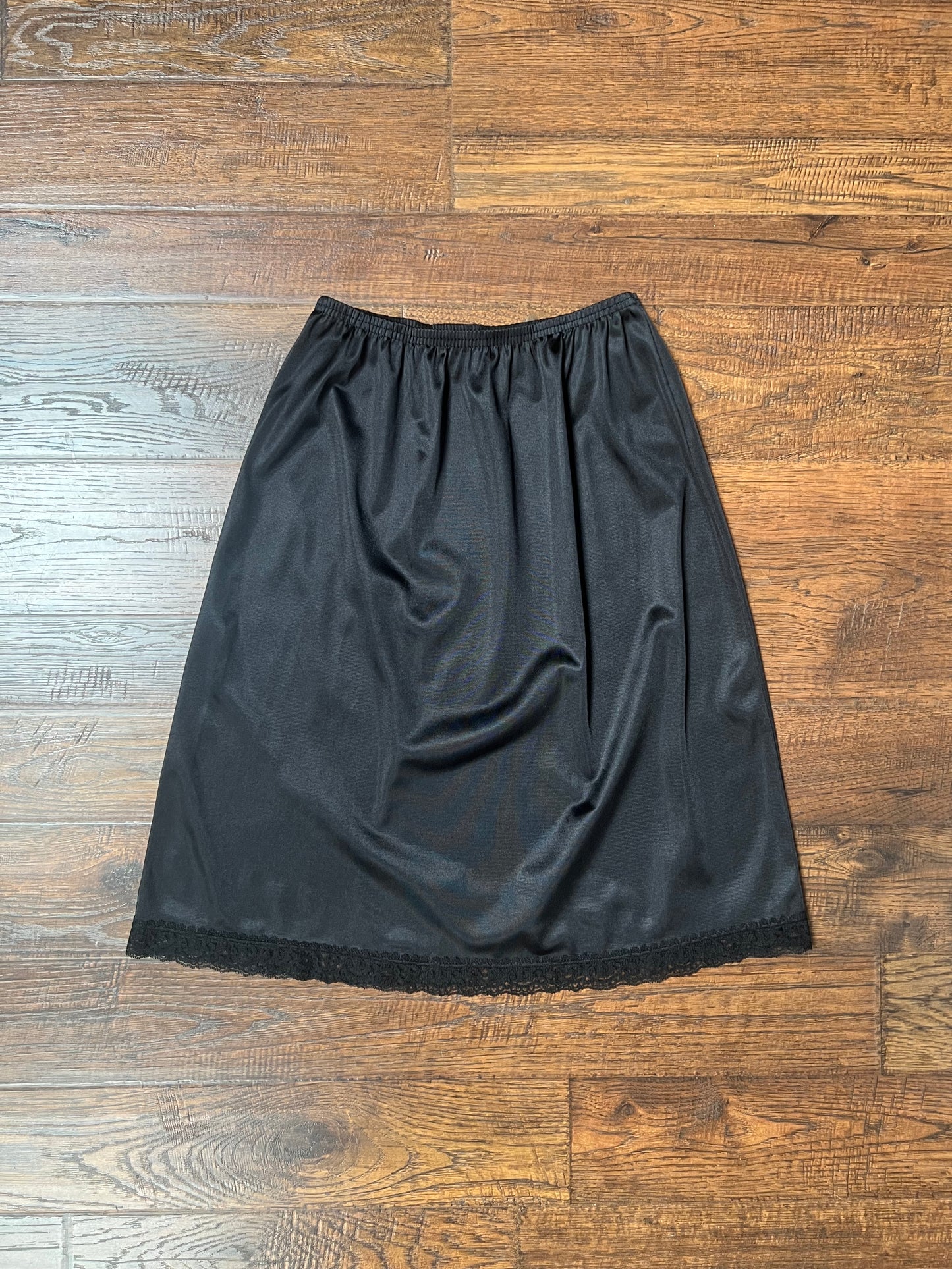 Vintage Clothing - Above Knee Skirt Slip - Black Satin with Lace Hem - X-Small - Vanity Fair