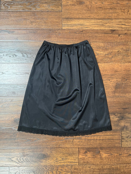 Vintage Clothing - Above Knee Skirt Slip - Black Satin with Lace Hem - X-Small - Vanity Fair