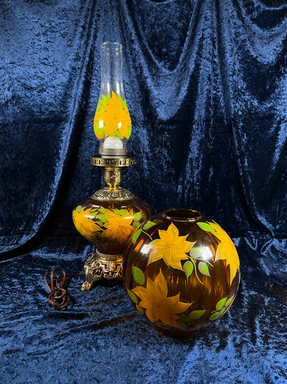 Vintage Amber Glass Parlor Lamp – Hand Painted Yellow Flowers Double Globe Hurricane Style