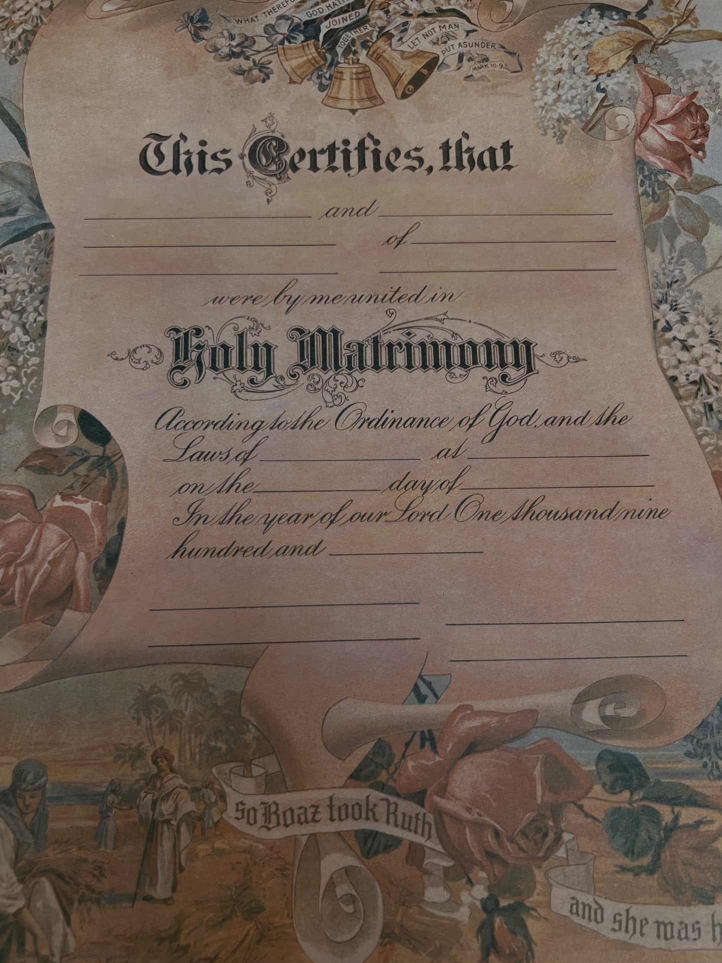 Vintage Paper Marriage Certificate - Victorian Style Pink Roses Holy Matrimony Keepsake
