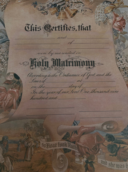 Vintage Paper Marriage Certificate - Victorian Style Pink Roses Holy Matrimony Keepsake