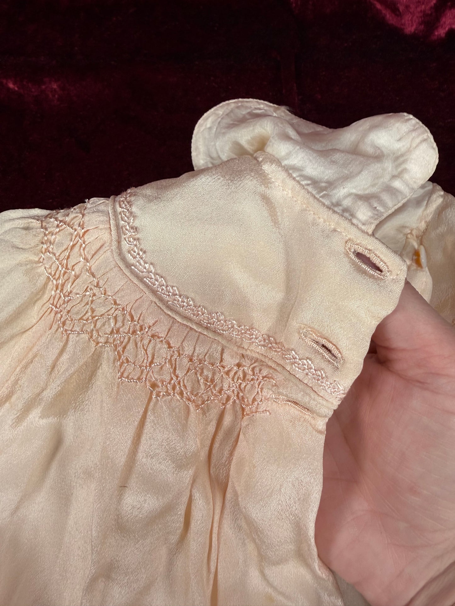 Vintage Pink Silk Baby Capelet – Hand Smocked Nursery Heirloom