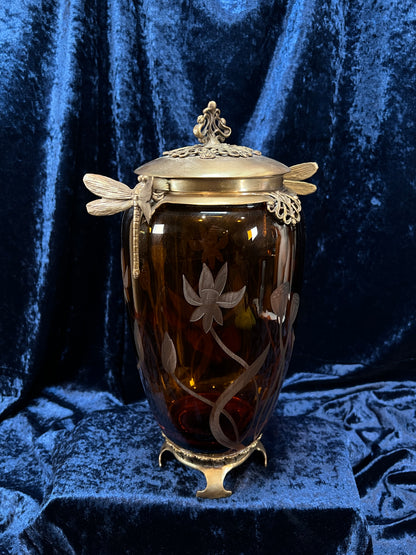 Vintage Art Nouveau Revival Opium Jar - Etched Poppies on Amber Glass - Castilian Poland
