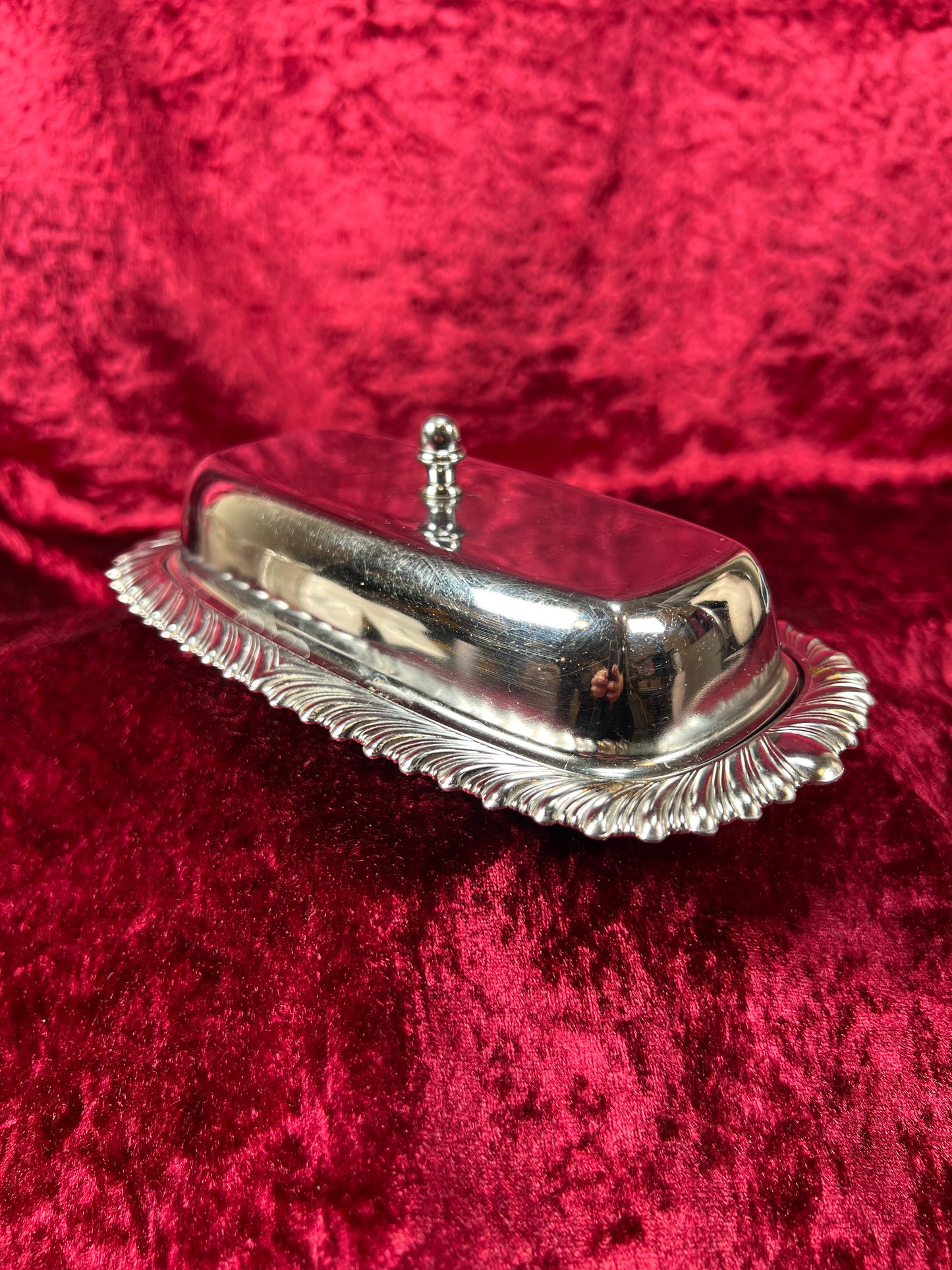 Vintage Kitchen - Covered Butter Dish - Silver Metal with Glass Insert - Ornate Edging