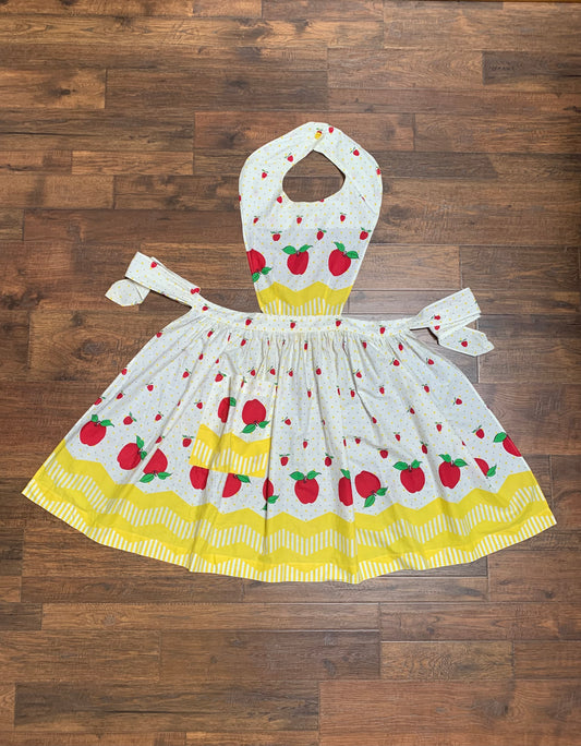 Vintage Pinafore Apron - White with Black Polka Dots Red Apples & Yellow Checkers