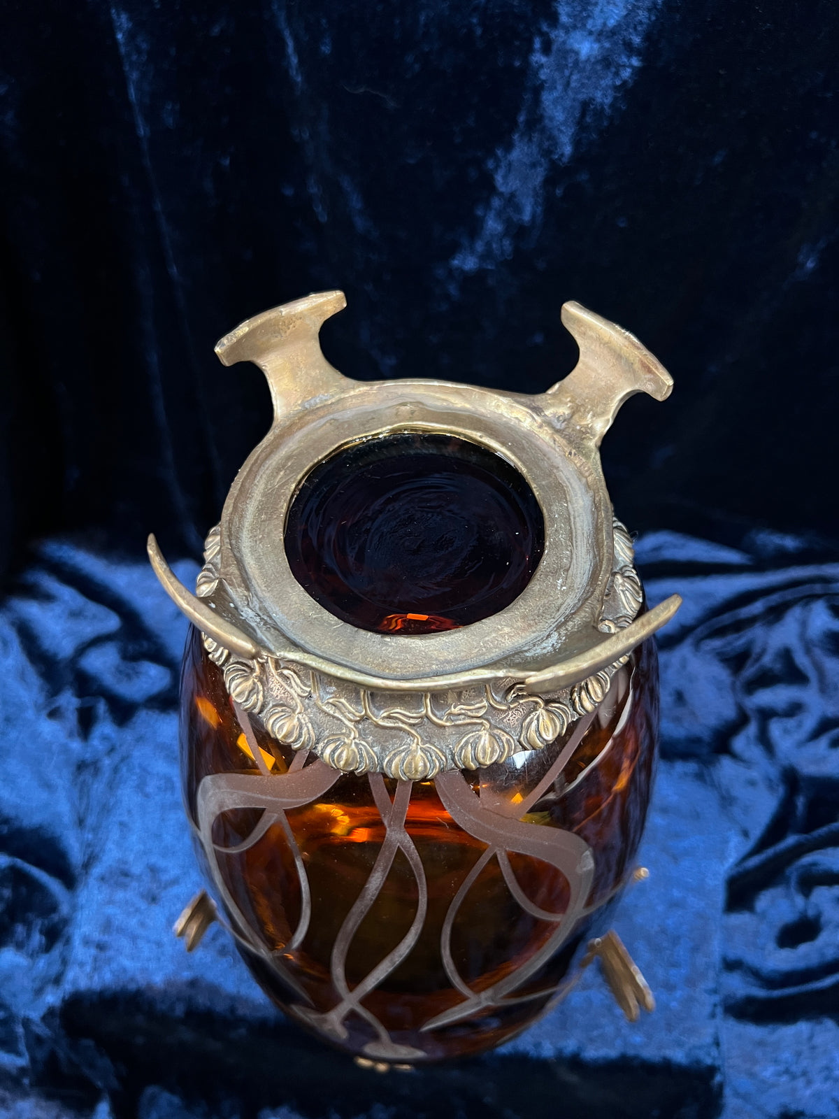 Vintage Art Nouveau Revival Opium Jar - Etched Poppies on Amber Glass - Castilian Poland