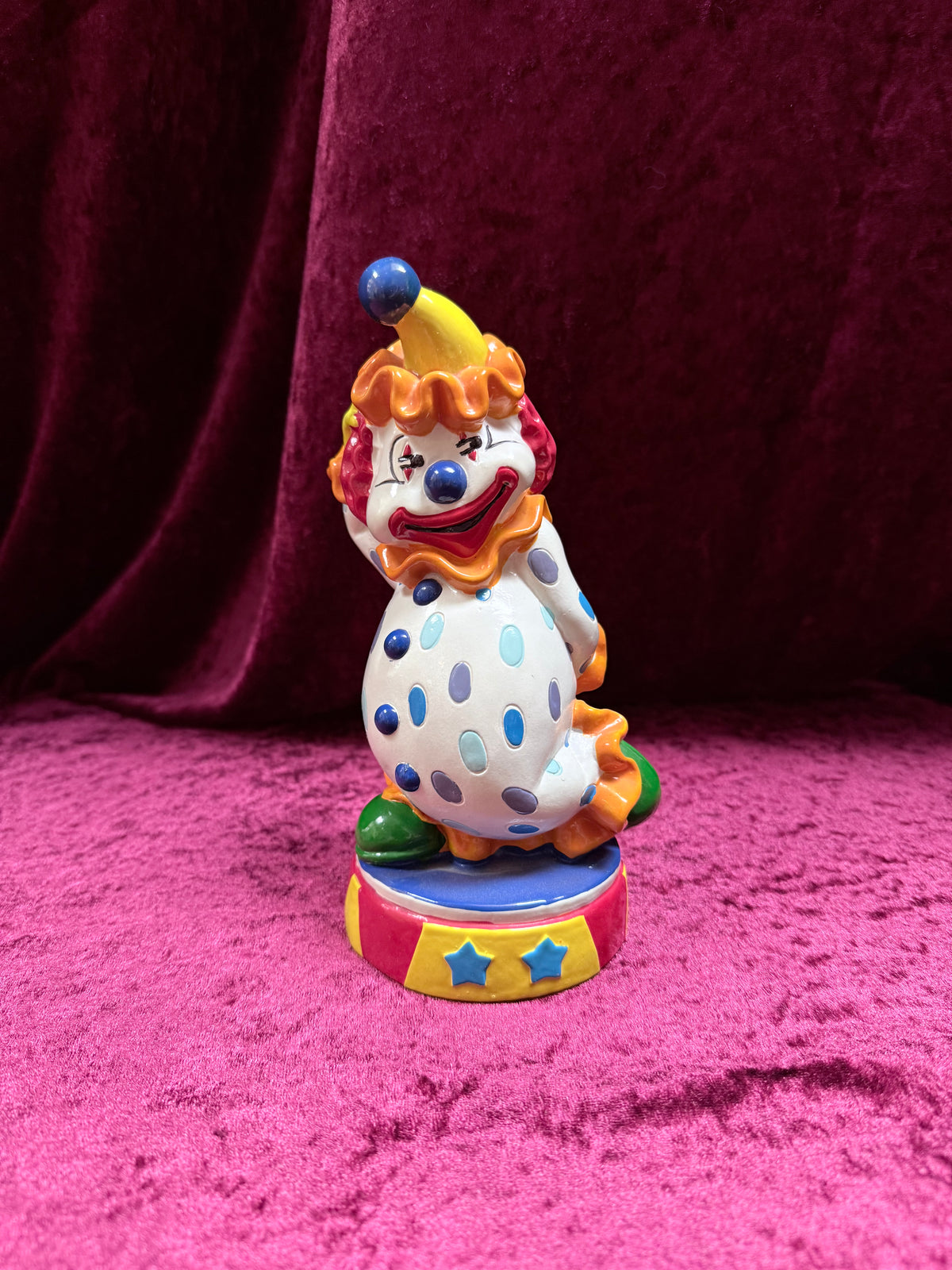 Vintage Vinyl Clown Piggy Bank – Polka Dot Costume + Circus Base