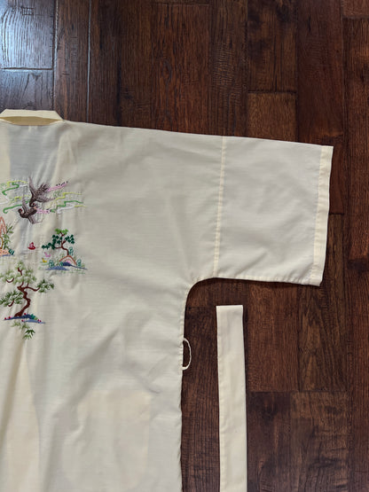 Vintage Jodie Arden Kimono Robe – Pale Yellow Embroidered Asian Garden Motif