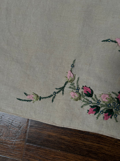 Vintage Rectangular Linen Table Runner - Hand Embroidered Puffy Pink Rosebud Vine