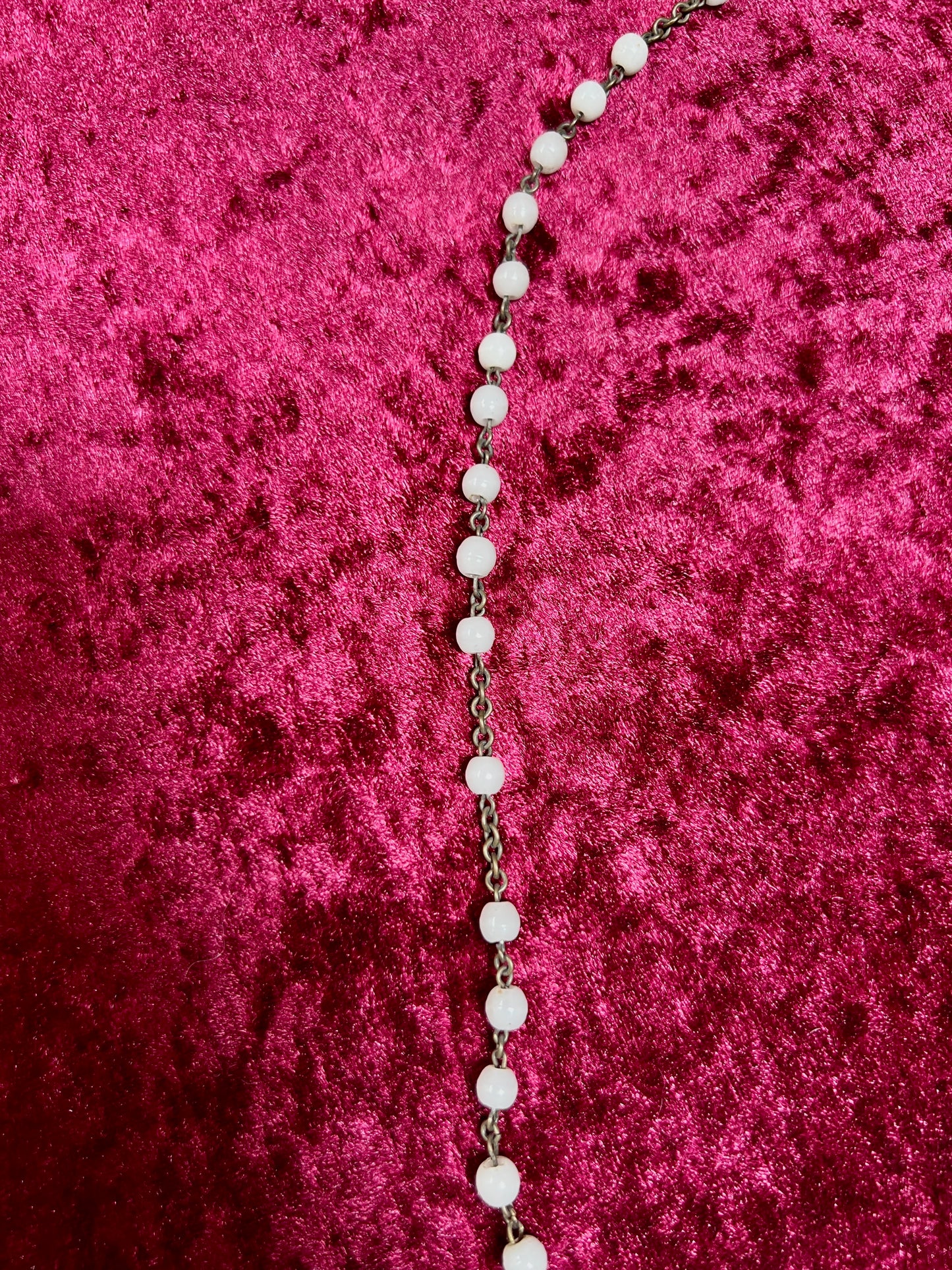 Vintage Jewelry - Italian Rosary - Shiny White Beads with Brass Tone Cross - 18"