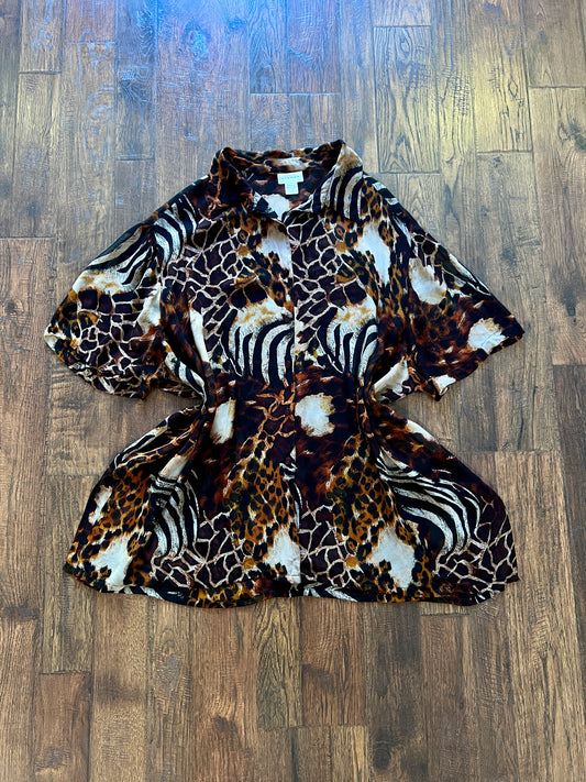 Vintage Rayon Button Front Shirt - Patchwork Animal Print by Avenue - 2X-Large