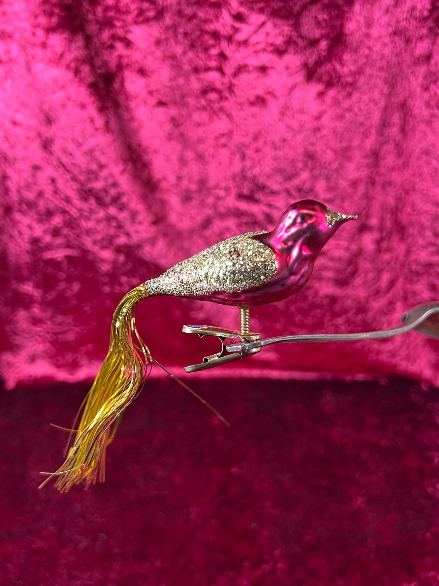 Vintage Christmas - Glass Clip-On Ornament - Burgundy Cardinal with Gold Tinsel Tail - German