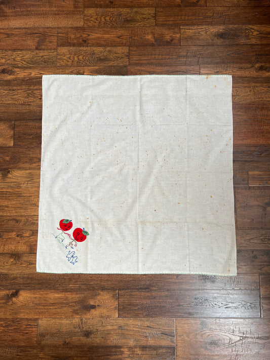 Vintage Linens - Square Tablecloth - Anthropomorphic Apple People - 36” X 35”