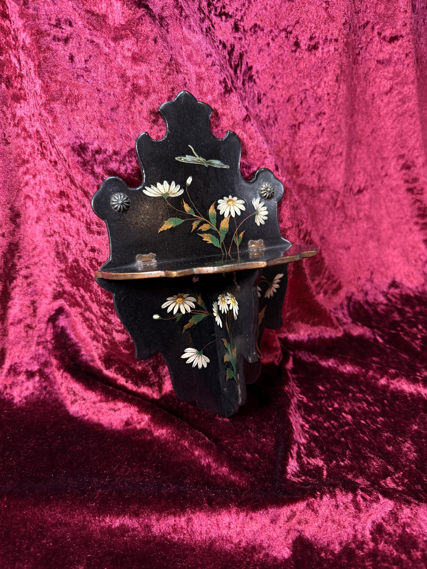 Antique Victorian Papier-Mache Collapsible Wall Shelf – Hand Painted Daisies and Dragonfly on Black Lacquer