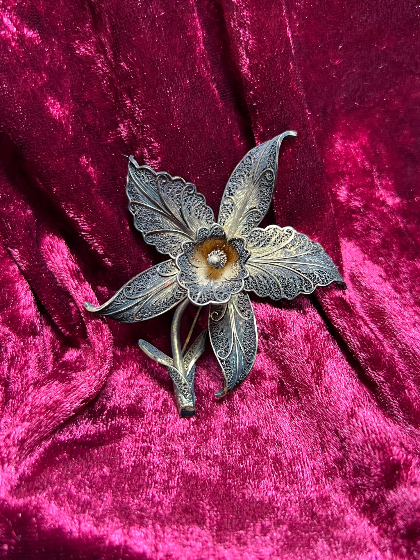 Vintage Jewelry - Brooch - Sterling Silver - Ornate Orchid - Portugal