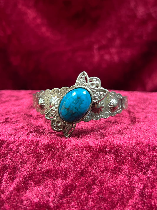 Vintage Jewelry - Cuff Bracelet - Engraved Silver Tone Metal - Faux Turquoise Center