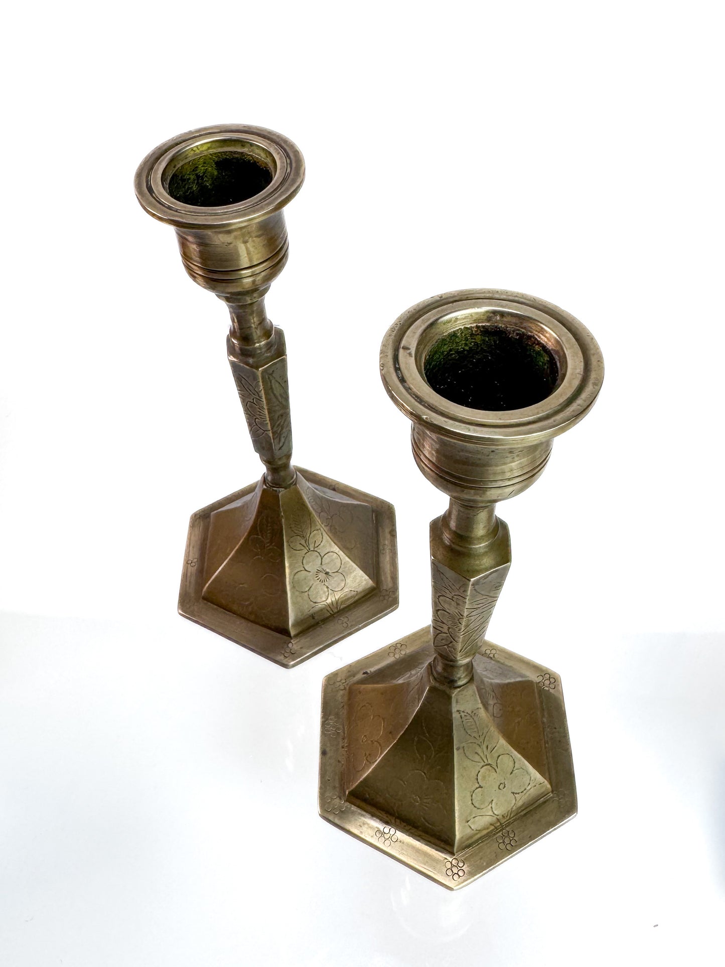 Vintage Brass Candlesticks - Etched Floral Design - Pair of Two