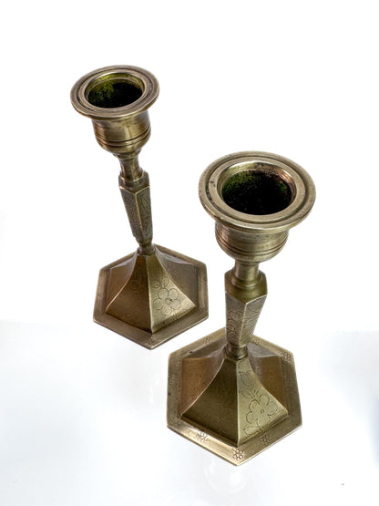 Vintage Brass Candlesticks - Etched Floral Design - Pair of Two