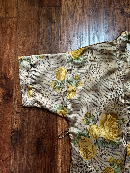 Vintage Robe and Nightgown Nightwear Set - Animal and Yellow Rose Print - Night Essence