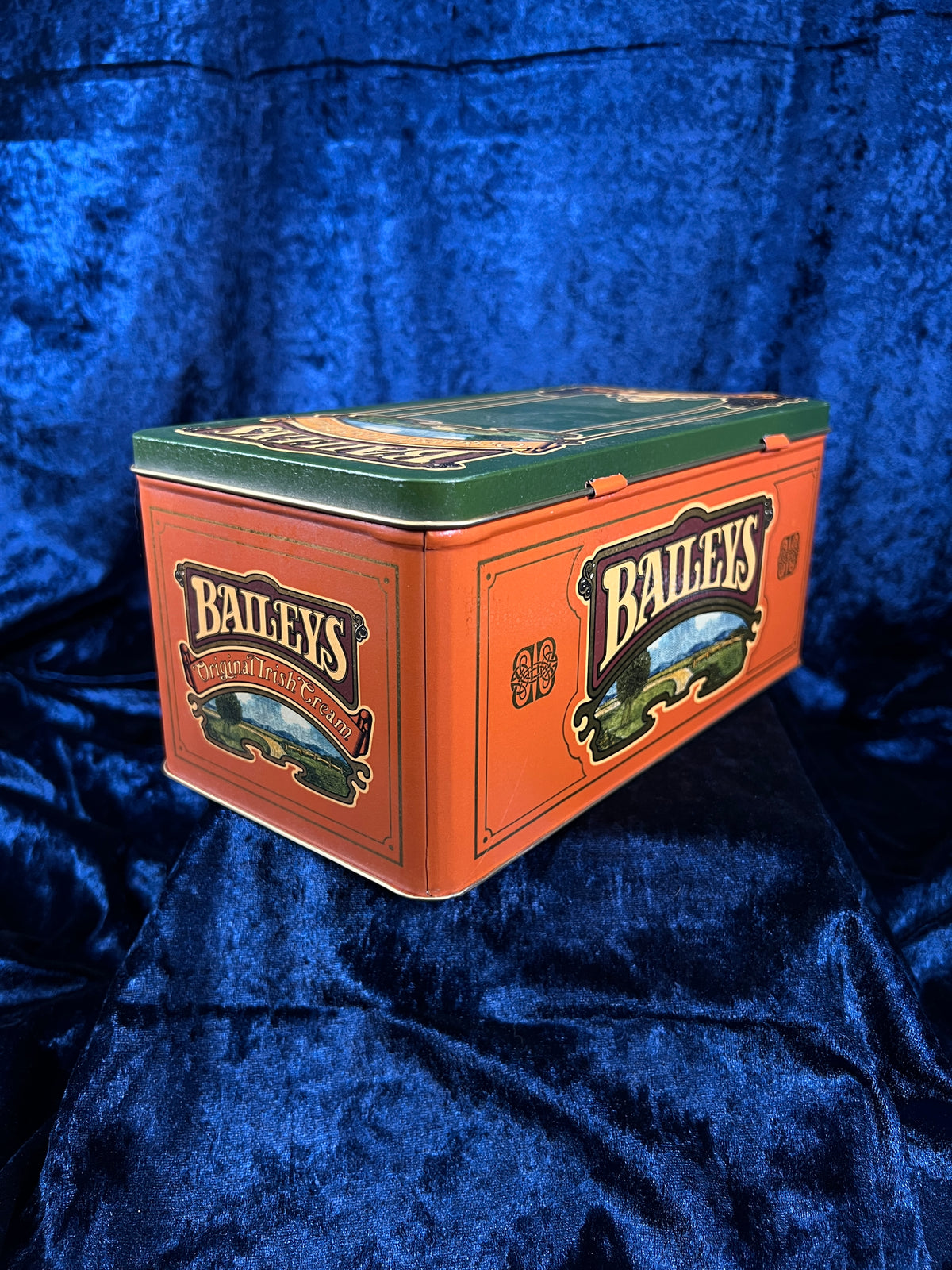 Vintage Baileys Irish Cream Metal Tin - Green Orange Hinged Advertising Box