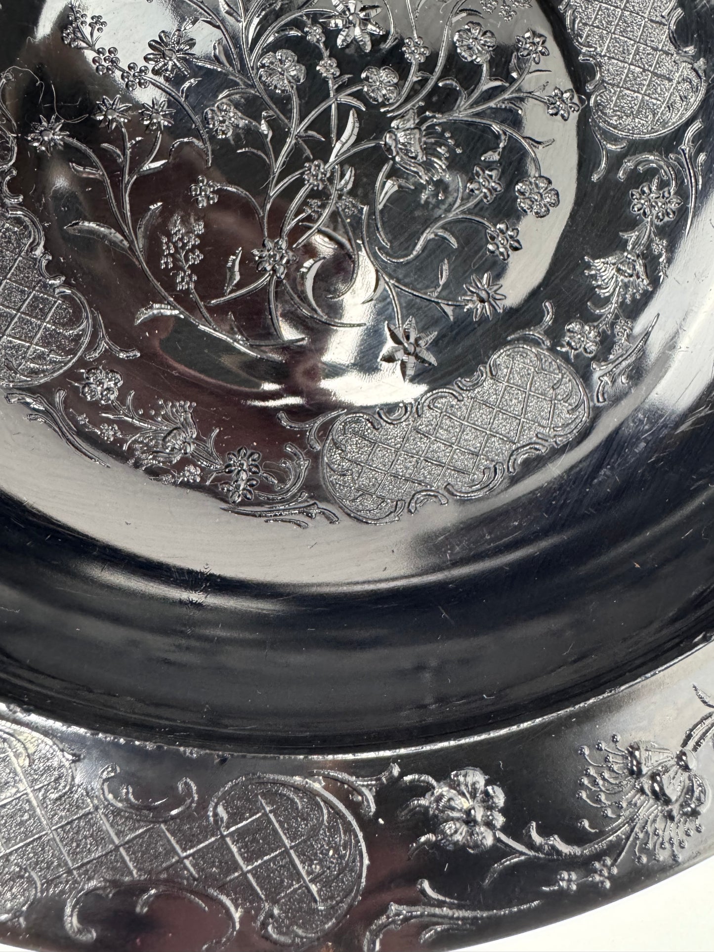 Vintage Footed Black Pressed Glass Bowl - Floral Trellis Decorative Pattern