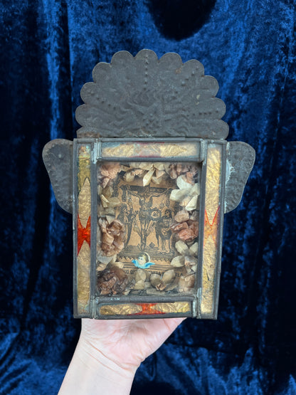 Vintage Metal Religious Shadow Box – Crucifixion Dried Flower Folk Art Shrine